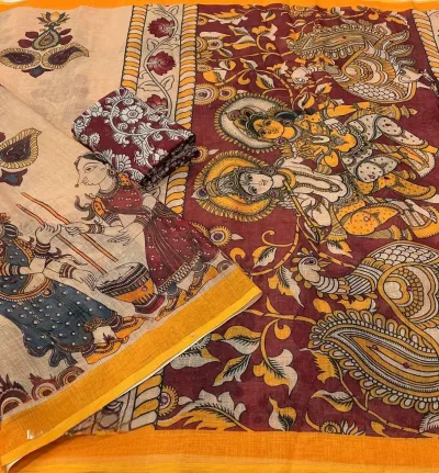 Kalamkari Style Linen Printed Saree - Mustard Yellow